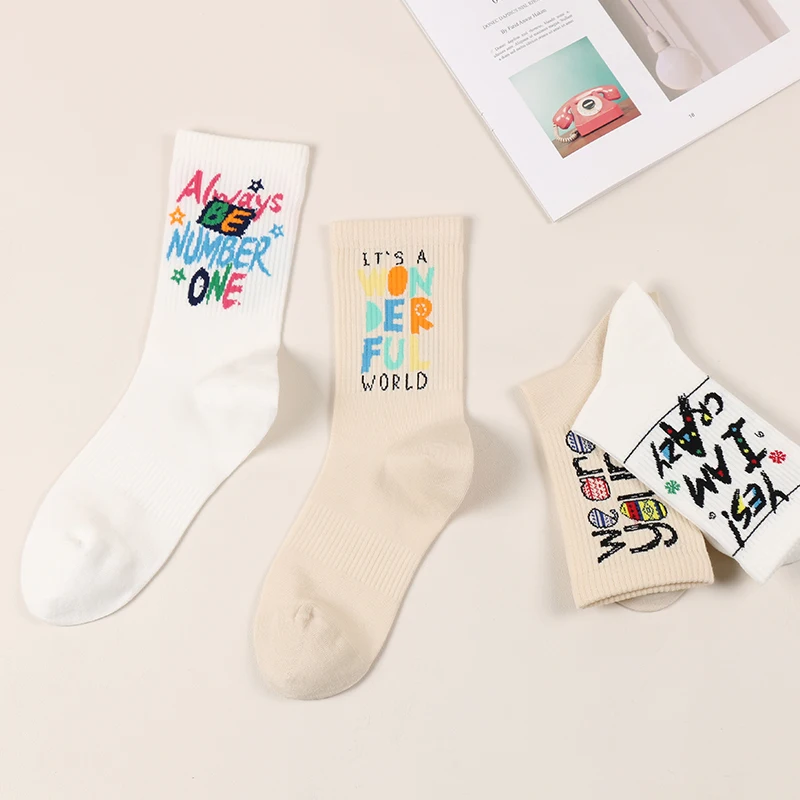 DONG AI 1 Pairs Cotton Socks Women Spring Mid-tube Socks Couple Socks Colorful Letter Socks Alphabet Jacquard Sports Socks Sweat