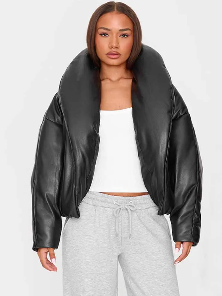 BKQU-Chaqueta de plumón de cuero liso para mujer, Parkas cortas gruesas acolchadas de algodón de manga larga con cuello levantado, abrigos de calle para Otoño e Invierno