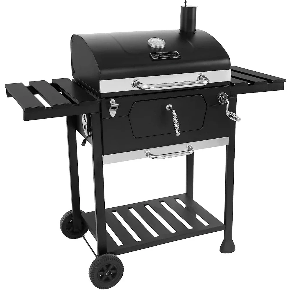 Outdoor Smoker with Side Tables, Charcoal Grill, Backyard Griller, Party BBQ, Patio Cooking, Black Barbecue Bar