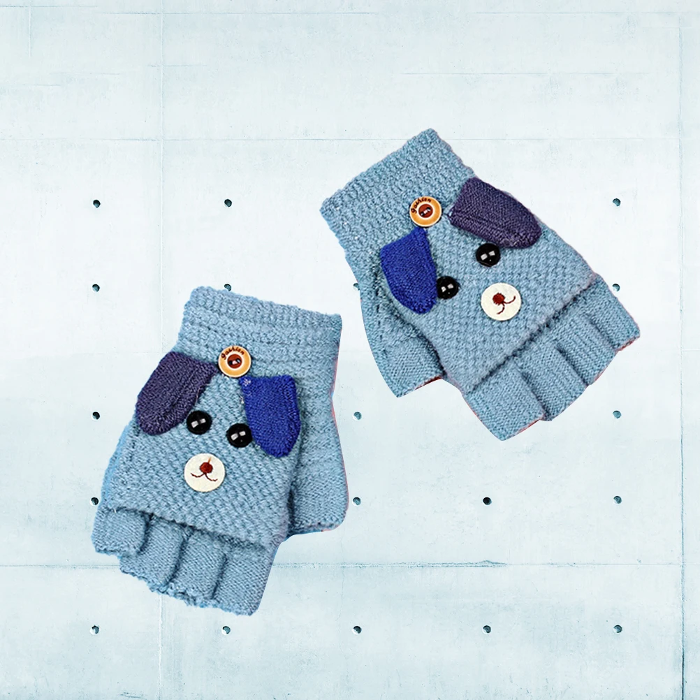 

Warm Winter Fleece Lined Kids Boys Girls Universal Gloves Stretchy Knit Windproof Blue Color One Size