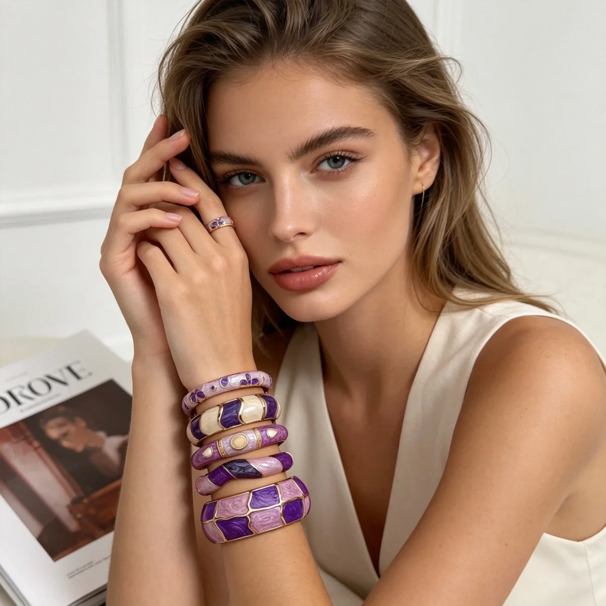 Ästhetisches Armband aus Emaille der Purple-Serie für Damen und Herren, Vintage-Punk-Stil, unregelmäßiger Block, gedreht, wellig, breiter Statement-Armreif, Schmuckstück – Detail 18