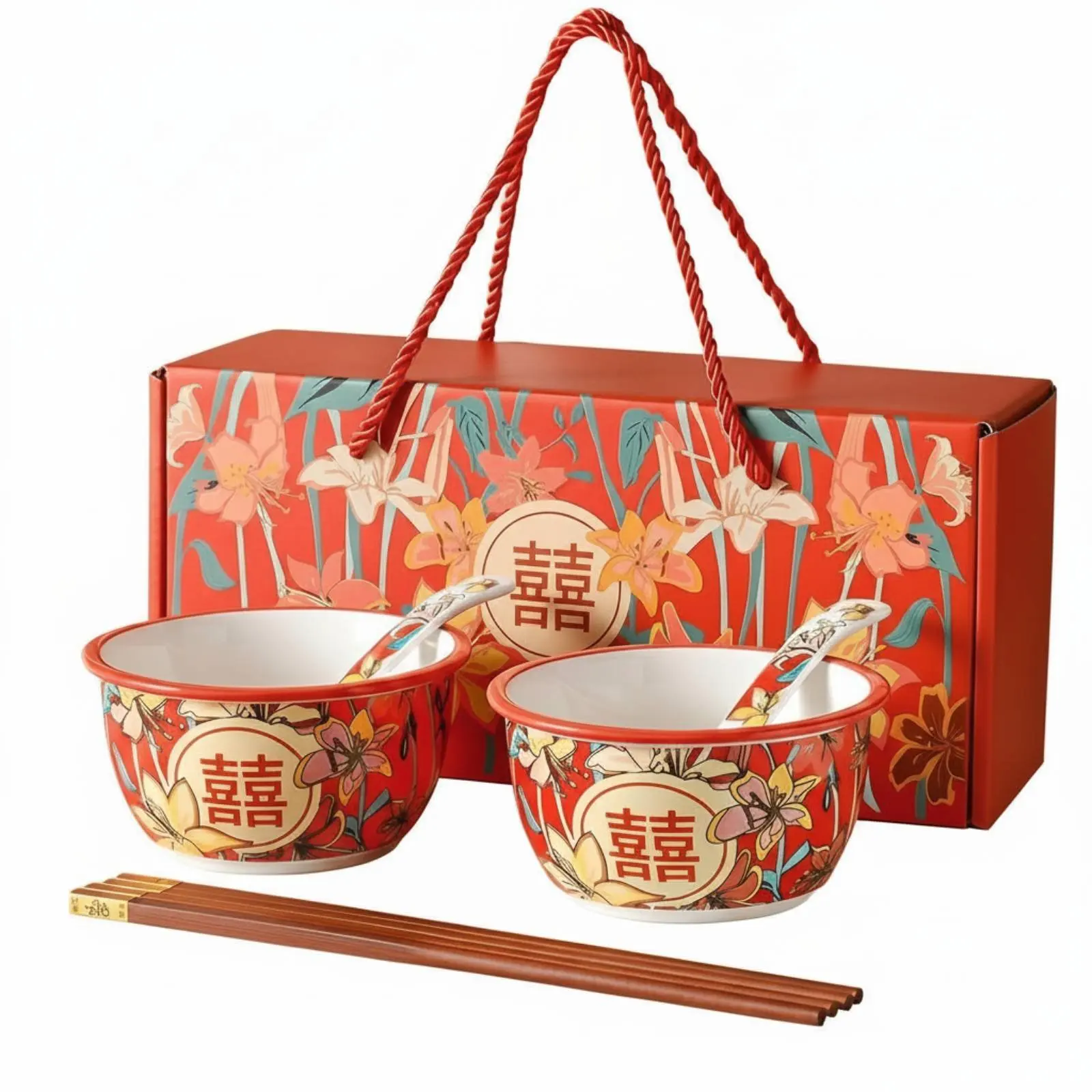 Picture 6: Ceramic Wedding Bowl Set, Red Double Happiness Tableware, Creative Chinese Design, Gift Box for Newlyweds