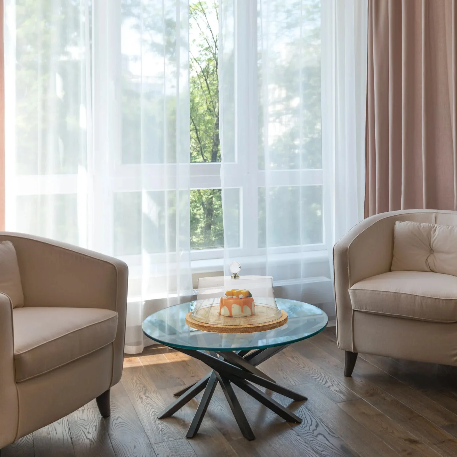 

1 set 1 Set Cake Cover Transparent Lid Dustproof Food Display Stand With Bamboo Serving Tray For Party Hotel Home Use