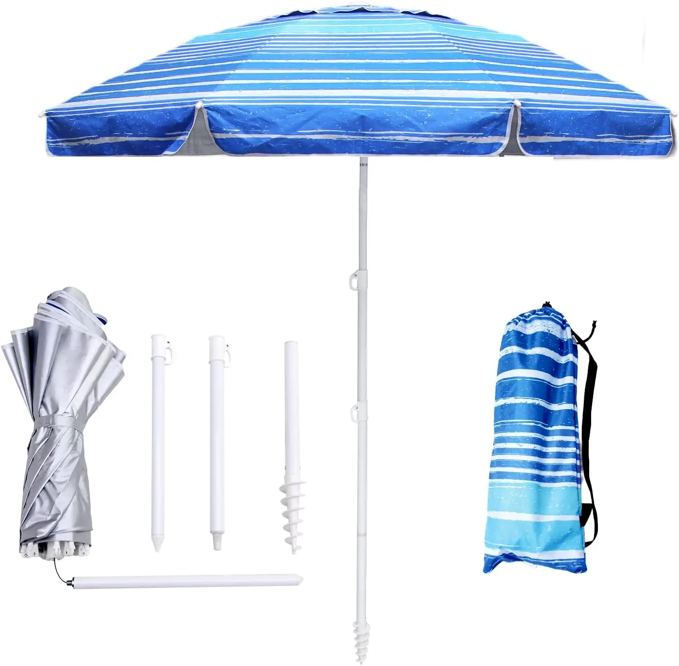 

6.5ft Beach Umbrella - Heavy Duty Wind Resistant UV 50+ Portable Sun Shade with Sand Anchor & Carry