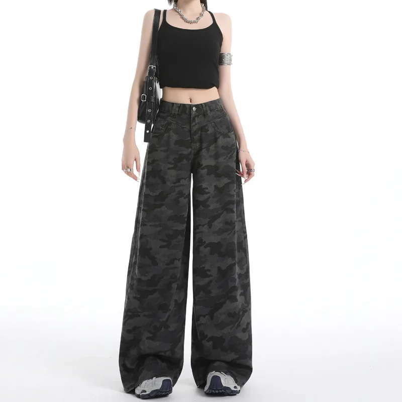 

Niche Camouflage Jeans Women's Pants Spring and Autumn High Waist Loose Large Size Cover Meat Drag Ground Wide Leg Pants