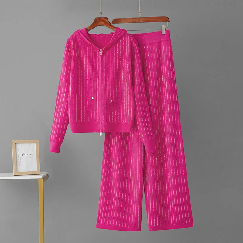 

ALPHALMODA 2025, блестки, блестящий, повседневный вязаный комплект, свитер на молнии с капюшоном + повседневные брюки, женский, спортивный костюм