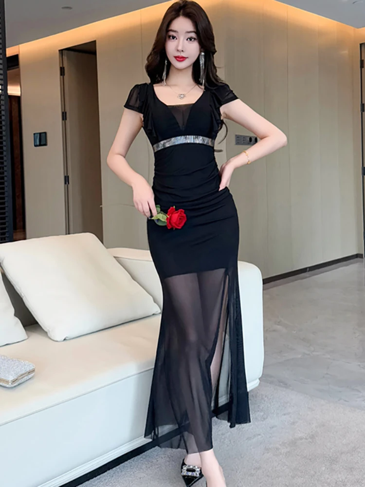 2025 새로운 화이트 메쉬 패치 워크 쉬어 섹시한 슬릿 롱 드레스 여성 짧은 소매 스퀘어 칼라 드레스 여름 우아한 럭셔리 댄스 파티 드레스