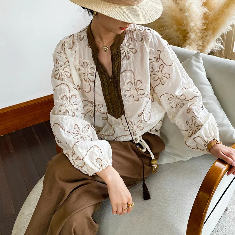 Autunno lungo Sve ricamato da donna irt vestibilità ampia artistica Sle cotone Bubble Sve Top Faion Design Sense Camicetta