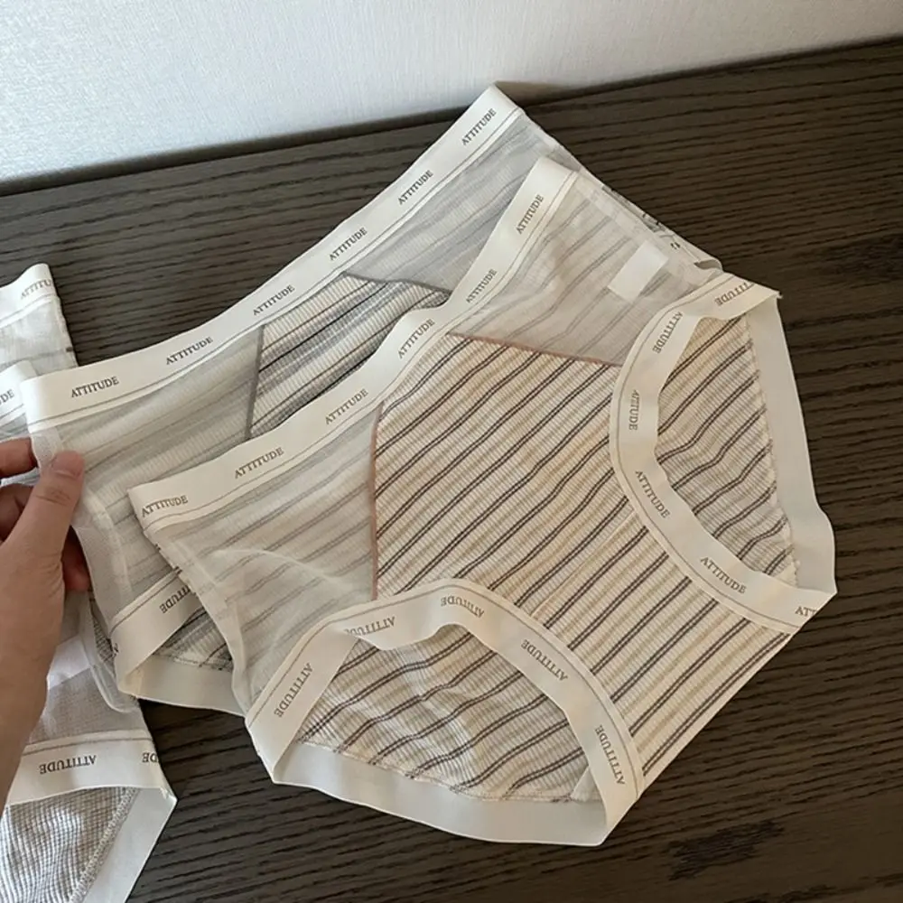 

3Pcs Ultra-thin Stripe Letter Briefs Cotton Crotch Underpants Mesh Seamless Panties Mid Waist Lingerie Underwear for Women Girl