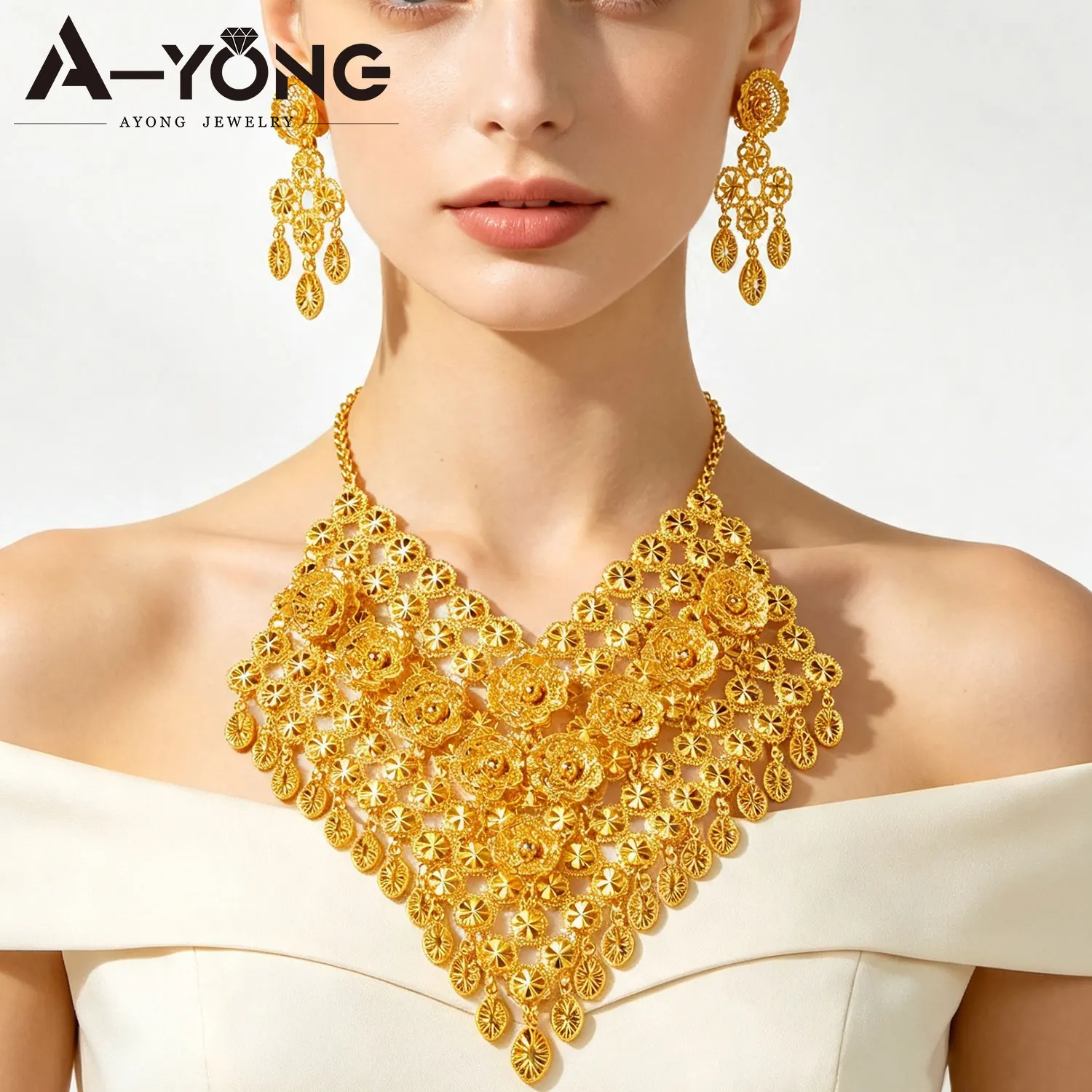 Luxuriöses Afrikanisches Traditionelles Schmuckset Äthiopische Goldfarben Ethnische Halskette Ohrringe Habesha Frauen Braut Hochzeitsschmuck – Detail 8