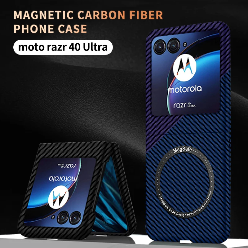 Para motorola razr 40 ultra magsafe carregamento sem fio caso magnético imitação de fibra carbono textura à prova de choque duro pc capa traseira