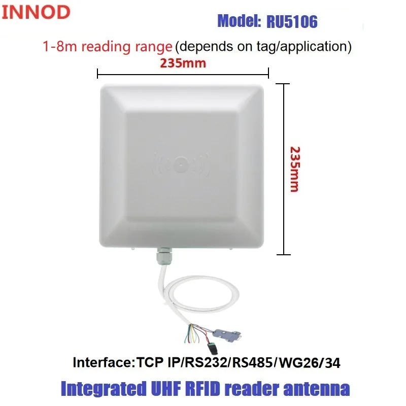 Gen2 UHF RFID Reader Integrated Antenna 7dBi Long Eange 1-8m with RS232 RS485 WG26 TCP/IP Access Control free C++ SDK