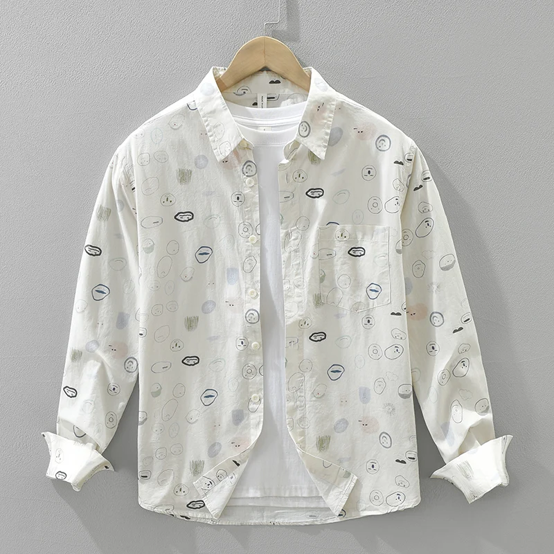 

2026, весенне-осенняя новая рубашка с длинными рукавами из 100% хлопка с мультяшным принтом для мужчин, одежда с отложным воротником, универсальная уличная одежда