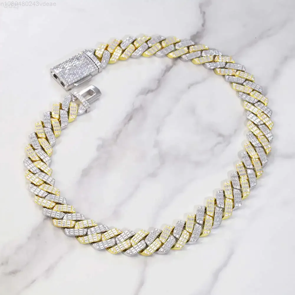 New Product 19mm Wide 2 Tone Handmade Inlay Baguette Moissanite Silver 925 Cuban Link Chain