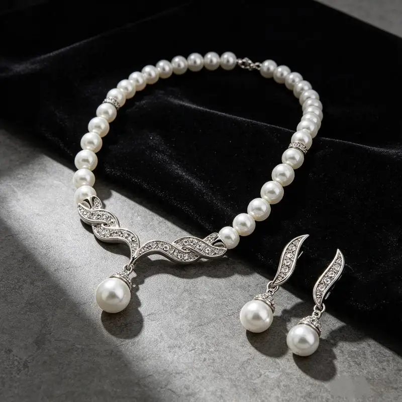 Faux Pearl Jewelry Set 2Pcs Lightweight Sparkly Rhinestone Decor for Wedding Prom All-Day Comfort Wear