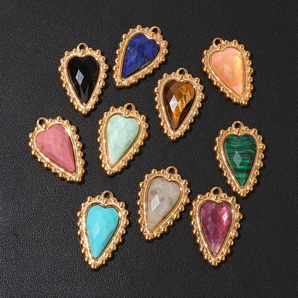 1PC Stainless Steel Bezel Heart Natural Stone Pendant Faceted lapis lazuli Malachite Charms for Jewelry Making DIY Accessries