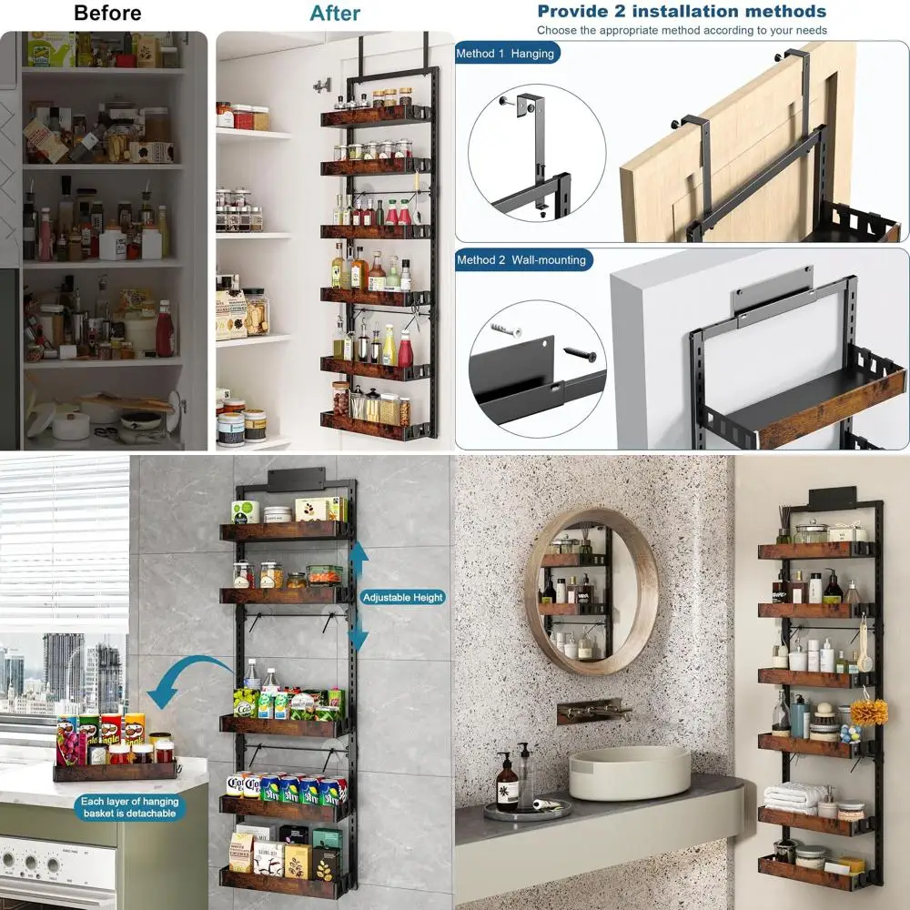 

Органайзер для кладовой над дверью, 6-уровневая регулируемая деревянная корзина для организации и хранения кухонной кладовой, сверхпрочный M