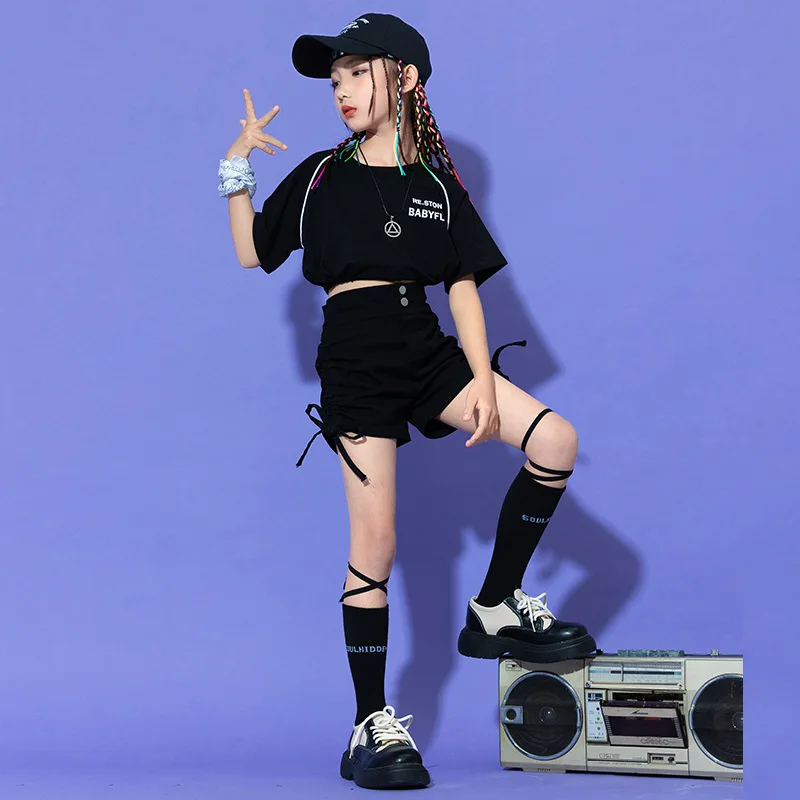 Kid Cool Hip Hop Kleidung Weiß Schwarz Crop Top T Shirt Street Side Kordelzug Geraffte Shorts für Mädchen Jazz Dance Kostüme Kleidung