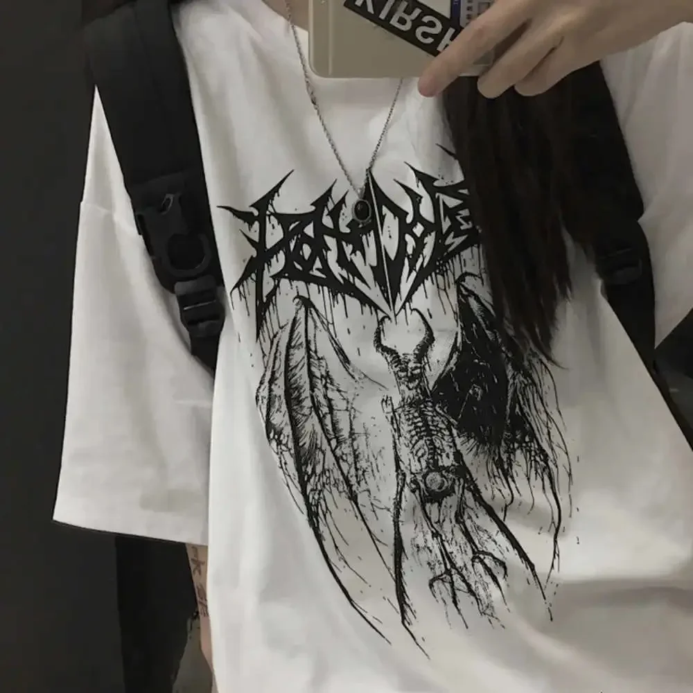 Demon Punk Gothic Anime Print T-shirt Harajuku Y2K Tops T Shirt Summer Oversized T Shirt Retro Women Clothes Streetwear Top