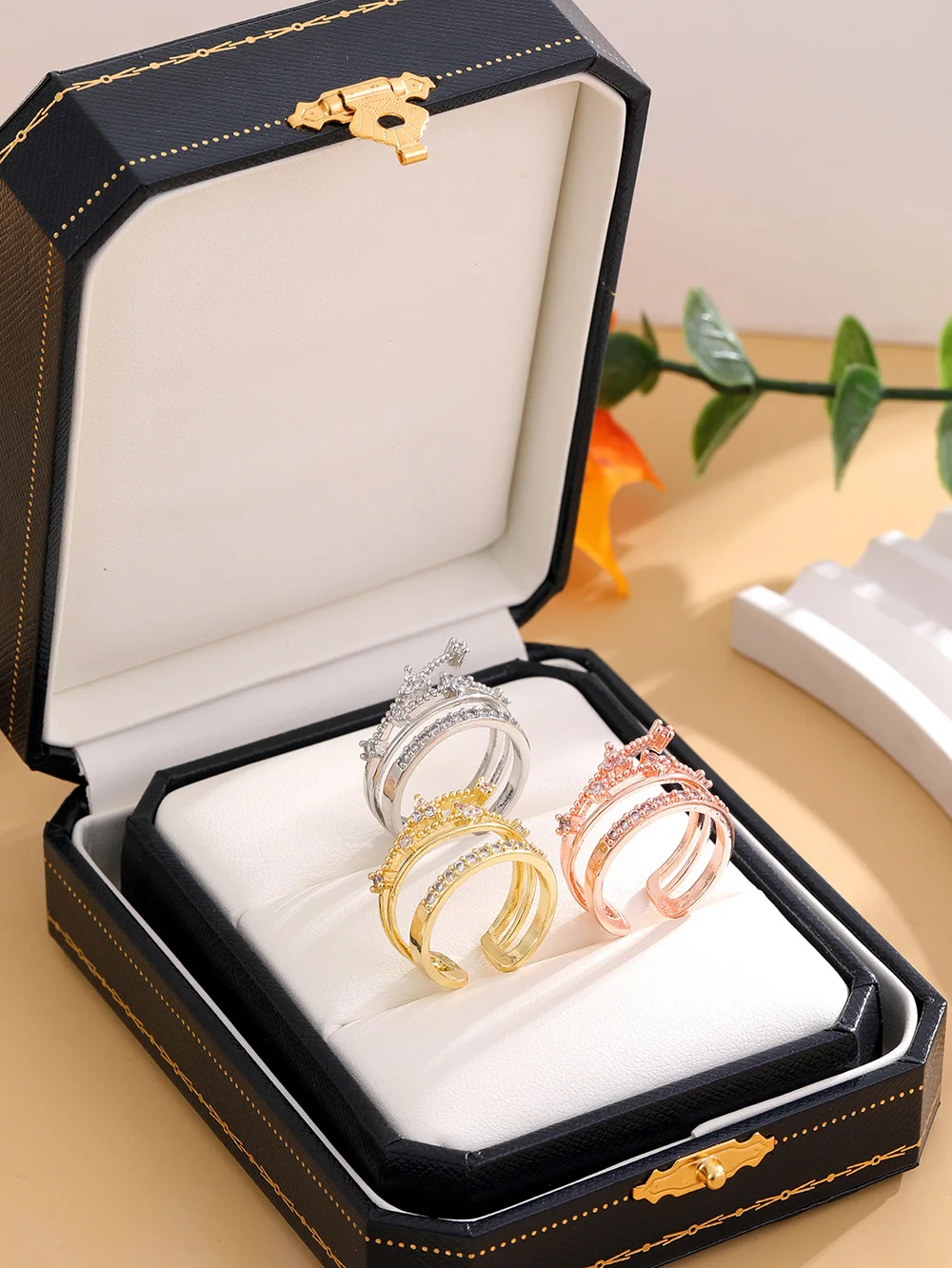 حلقات أكمام على شكل أوراق زركونيا ذهبية وفضية للنساء، إكسسوار قابل للفتح على شكل نحاسي #2