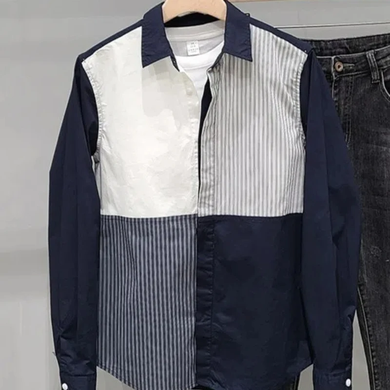 

Мужская рубашка с длинными рукавами в контрастную полоску, корейская версия, простая свободная повседневная рубашка, топ, тренд