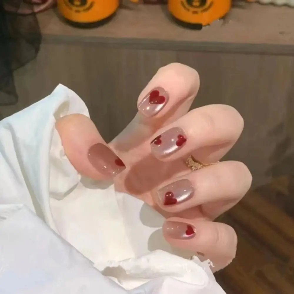 패션 웨어러블 프렌치 페이크 네일 탈부착 가능한 캣아이 인조 손톱 라인스톤 스퀘어 헤드 그라데이션 네일 아트 여성용