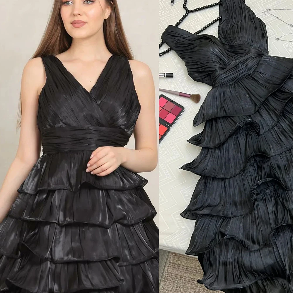 Customized Sleeveless Pleat V Neck A-line Prom Gown Backless Black Temperament Evening Party Dresses Vestido Formatura Luxo Glam