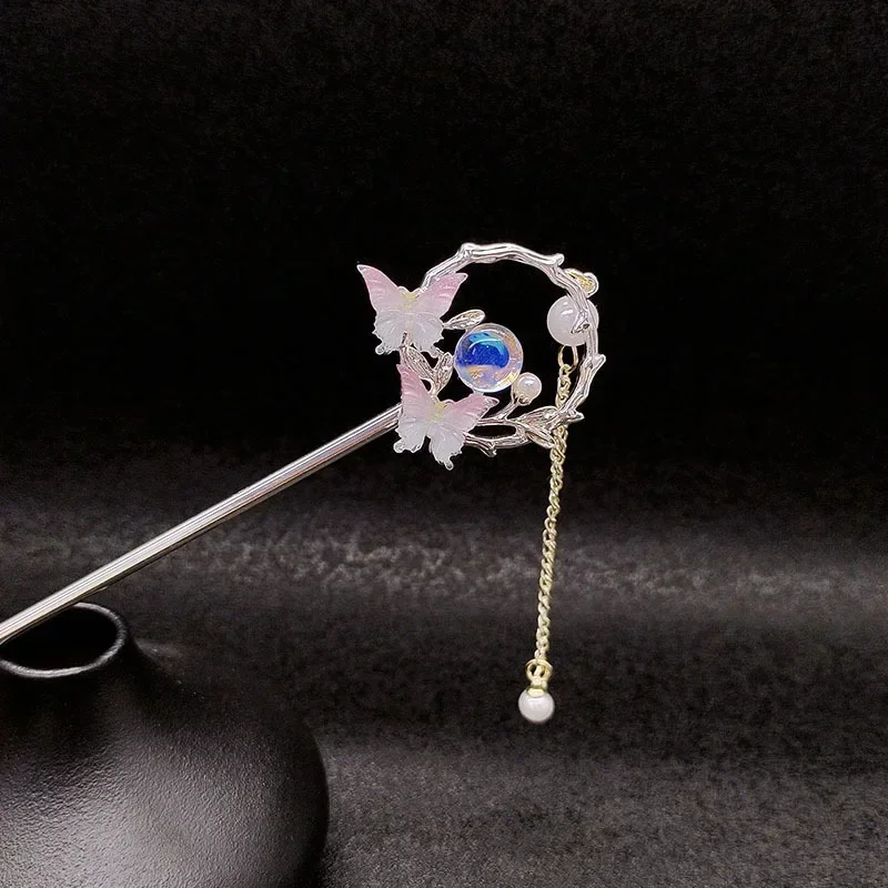 고대 스타일 나비 태슬 머리핀 레트로 니치 고급형 코일 헤어웨어 신중국풍 한복 스텝 쉐이킹 헤어핀