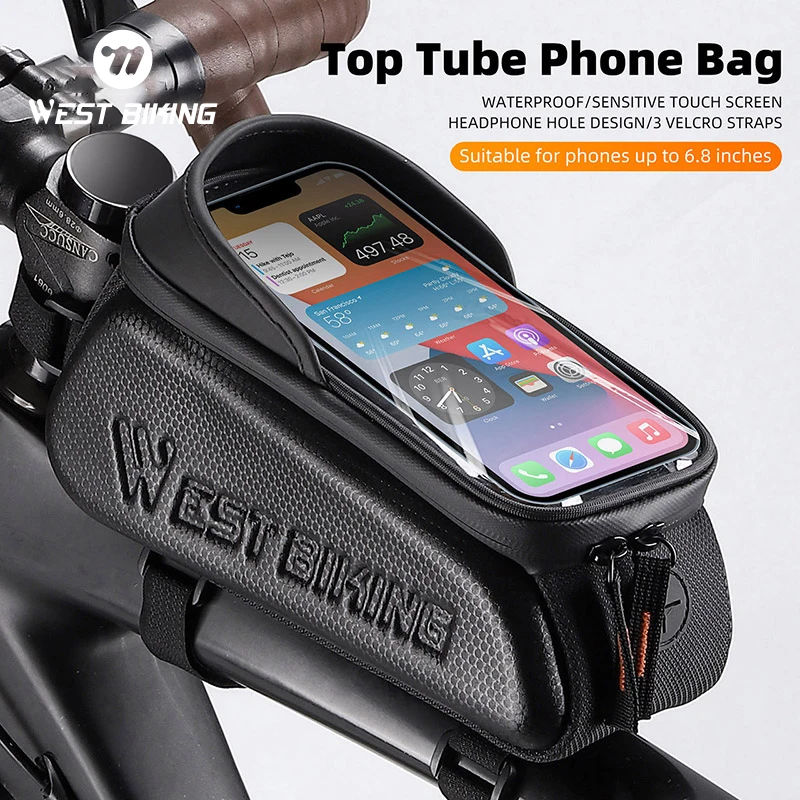 

WEST BIKING Waterproof Bicycle Bag 6.8 Inch Phone Case MTB Road Bike Accessories Touch Screen Top Front Tube Frame Cycling Bag