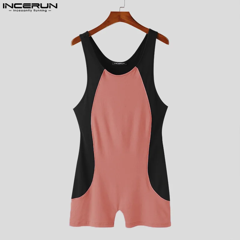 INCERUN 2024 Sexy American Style Homewear Men\'s Jumpsuits Stylish Contrast Color Rompers Personality Sleeveless Bodysuits S-5XL