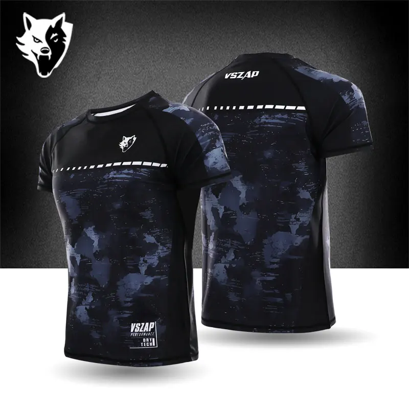 VSZAP Camouflage Storm Gym Outdoor Cycling Sanda Jujutsu Tight Training Clothes Breathable and Elastic Short Sleeves