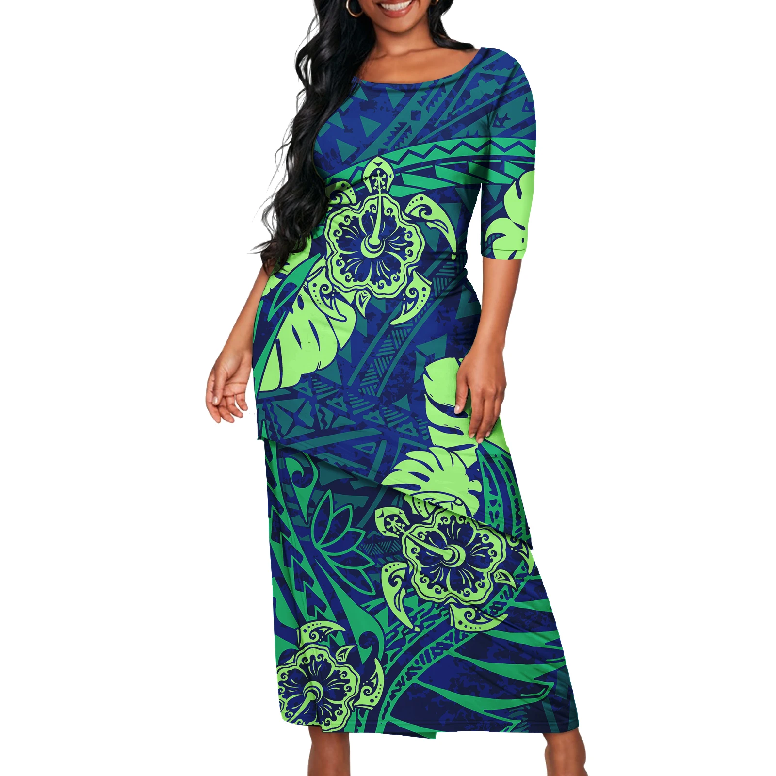 Samoan Puletasi Plus Size Women\'s Clothing Tonga Fiji Tribal Maxi Dress Asia & Pacific Island Dress 2pcs Crewneck Womens Dress