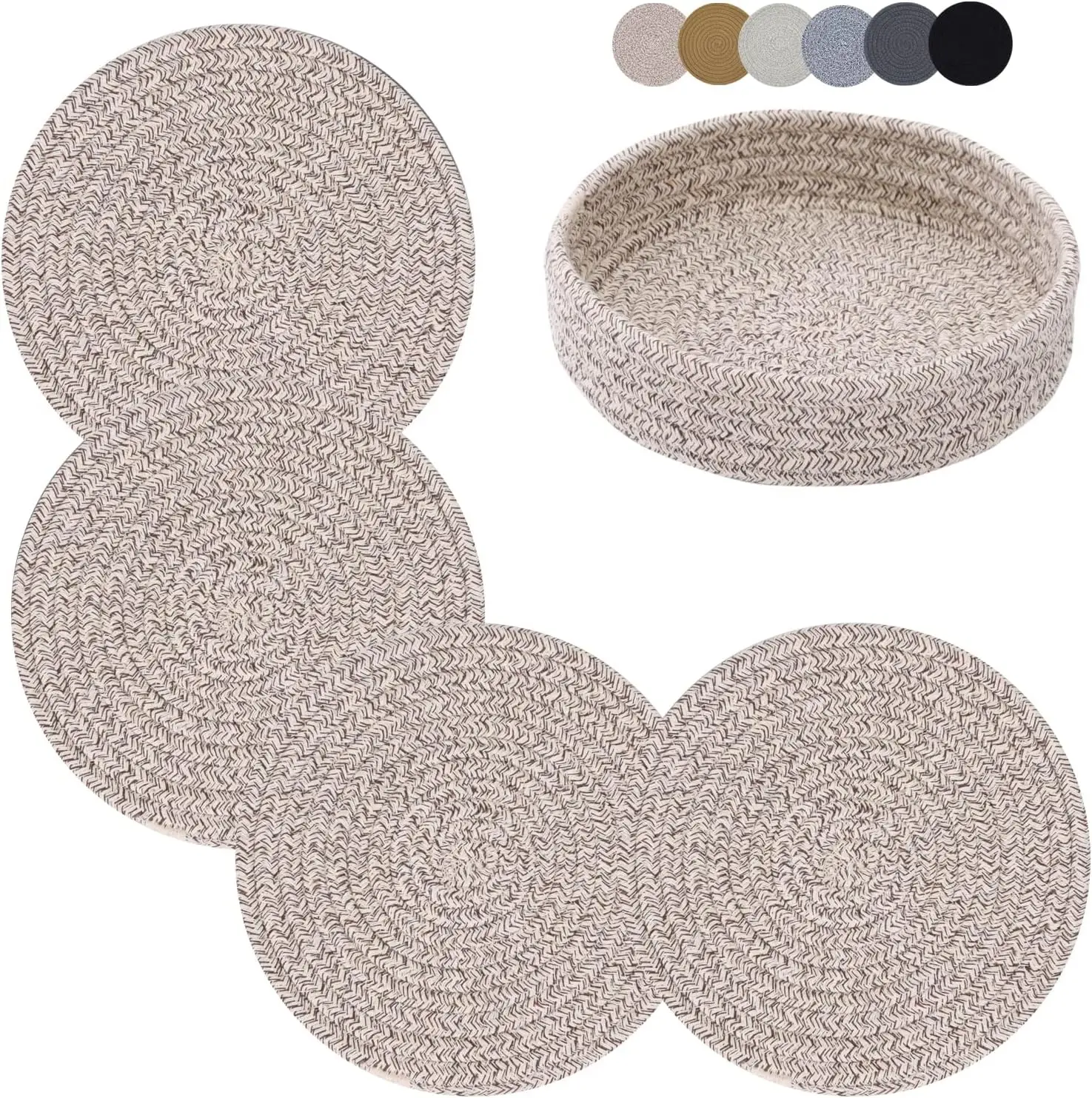 

7-Inch Cotton Hot Pads, 4-Piece Set with Storage Basket for Kitchen Countertops, Heat Resistant Brown Trivets