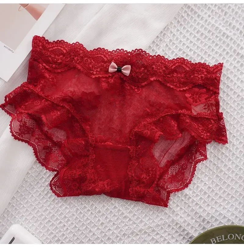 Women Girls Lace Wine Red Bowtie Briefs Panties Live Show Dance Costumes DJ Club Harajuku