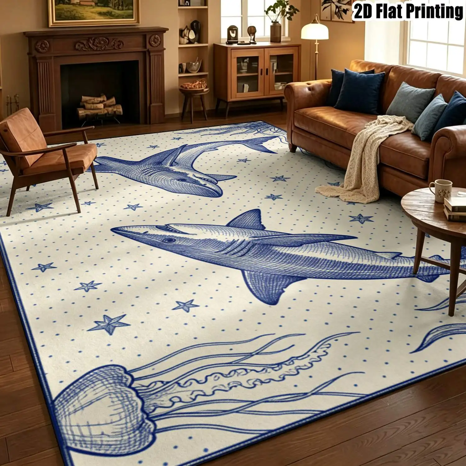 1Pc 2D Printed Carpet: Blue-White Ocean Shark Pattern, Retro Modern Minimalist Home Decor Rug, Multi-Size, Machine Washable, for Entrance, Dining, Foyer, Bedroom, Study, Living Room