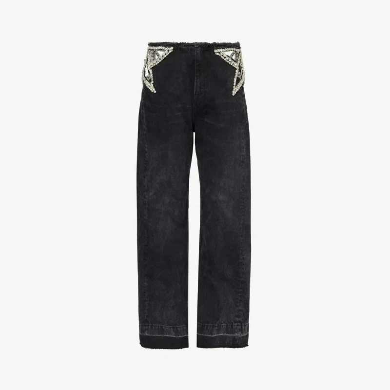 Y2K Women Black Wide Leg Jeans Rhinestone Cutout Frayed Waist Party Clubwear Denim Trousers Aesthetic Trendy 2026 Fashion Pants