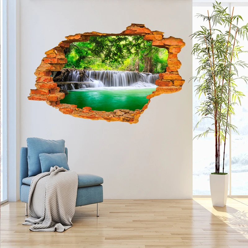 Sunny Waterfall Wall Hole Art Green Tree Blue Water Scenery Vinyl Mural Stickers for Fresh Home Decoration Aesthetic Rooms Porch