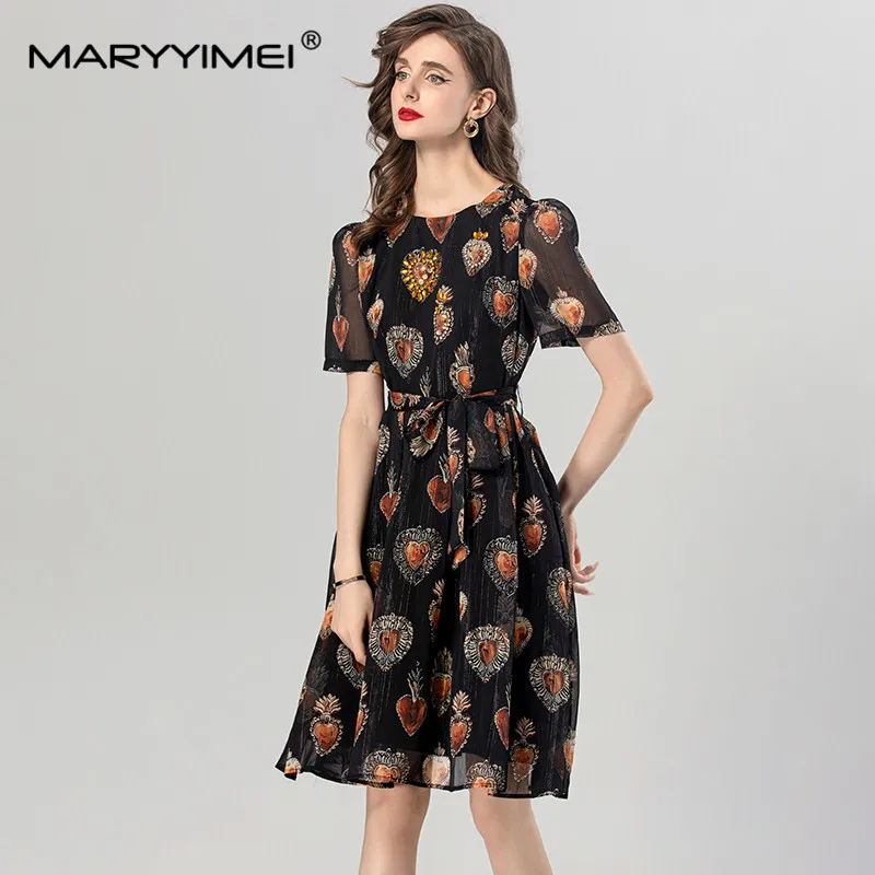 MARYYIMEI Zomer damesjurk met korte mouwen Mode Kristallen pailletten Ontwerp Vintage print Casual vakantie baljurkjurken