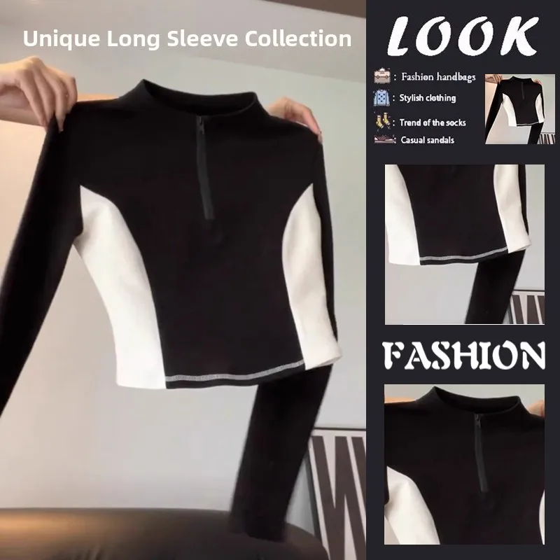 

Women's Slim Fit Short Sleeve T-Shirt Cotton Long Sleeve Air Layer Single Person Tight Fit Stand Collar Versatile Top