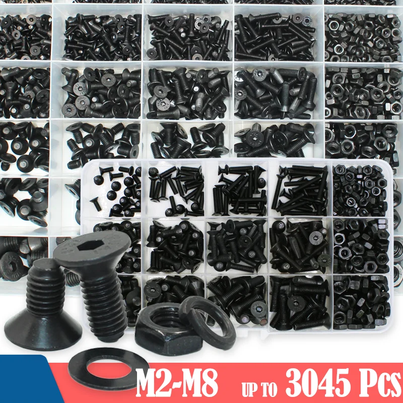 Up to 3045p Flat Head Hex Socket Cap Screws Bolt Assortment Kit  M2 M2.5 M3 M4 M5 M6 M8 Black Grade 10.9 Steel Screw Nuts Washer