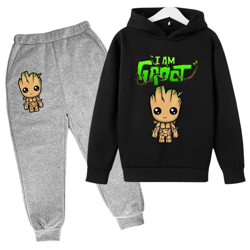 Kawaii Baby Groot Print Hoodie Children\'s Fashion Street Hoodie+Pants Suit Casual Jogging Sweatshirt  I Am Groot Funny Cartoon G