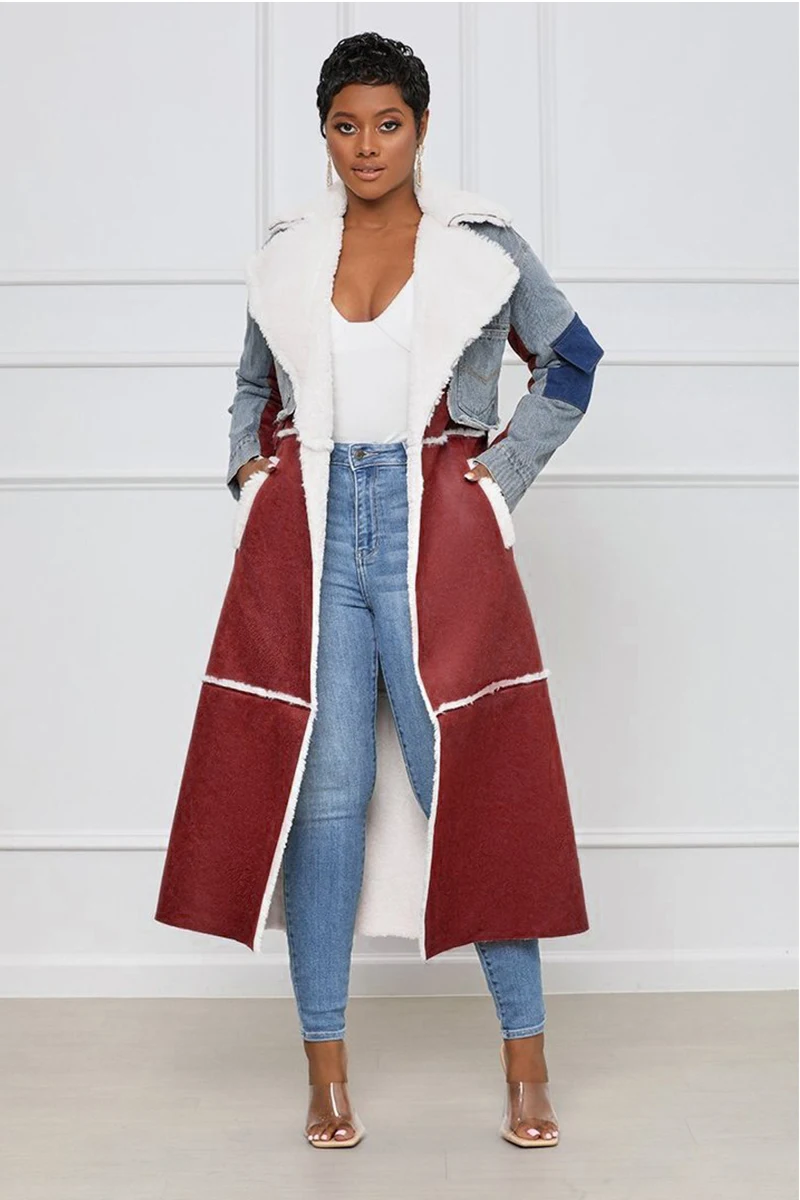 Women's Jackets Plus Size Turn-down Collar Temperament Patchwork Denim Lace Up Waist Long Sleeve Overcoat Woolen Coat Female