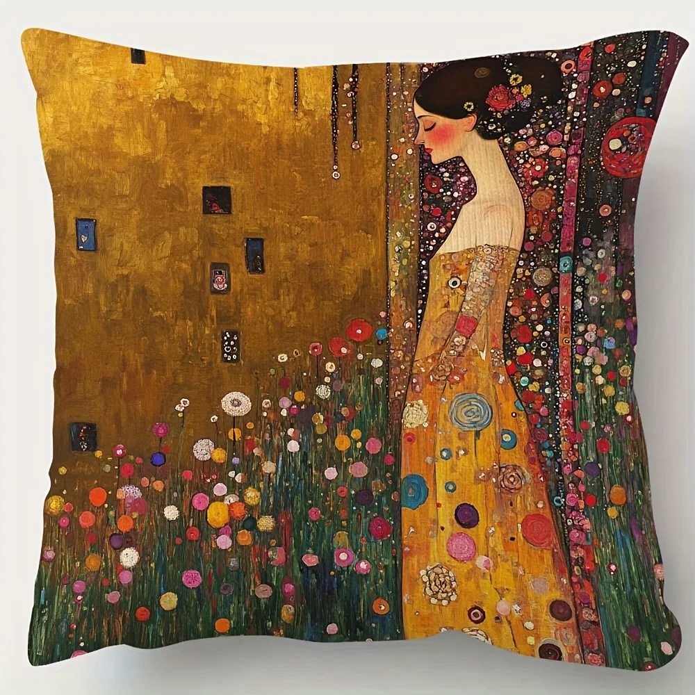 A Single-Sided Pillow Cover In The Style Of Klimt Measuring 18X18 Inches Featuring Vibrant Floral And Golden Designs Made Of Sof
