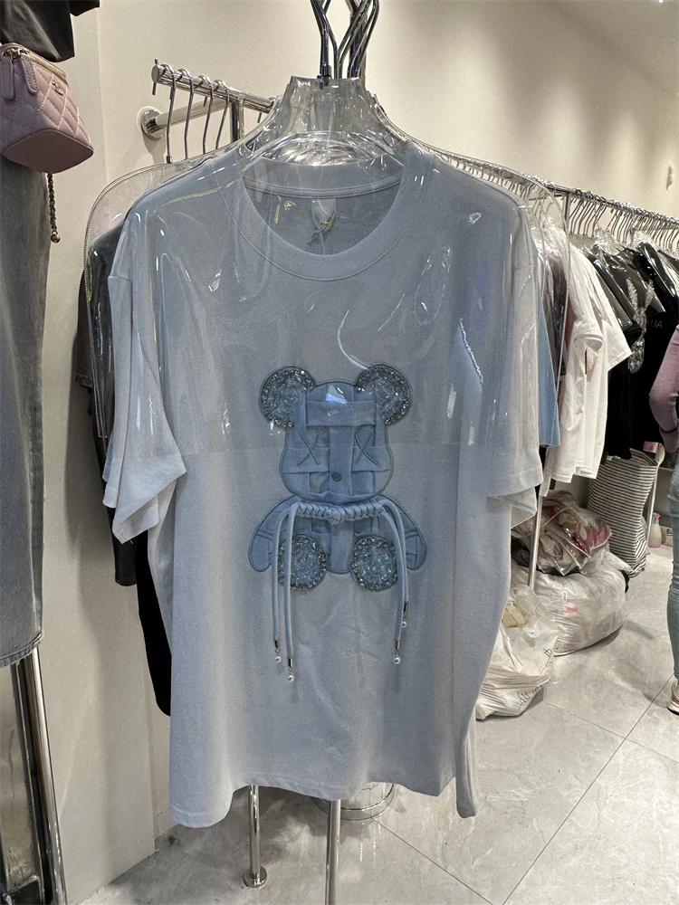 

2023 Spring Summer Tops Cartoon Embroidery Three-Dimensional Bear Rhinestone Cotton Loose Mid-Length Short Sleeve T-shirt Women