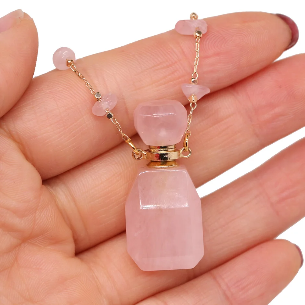 Natural Stone Rose Quartz Perfume Bottle Essential Oil Diffuser Reiki Healing Exquisite Necklace Jewelry Gift