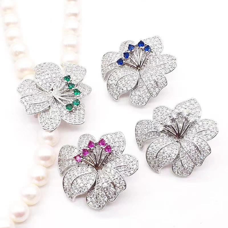 2pcs Cubic Zircon Micro Pave Flower Fixed Interlayer Clasp Clip Double Connector DIY Jewelry Findings