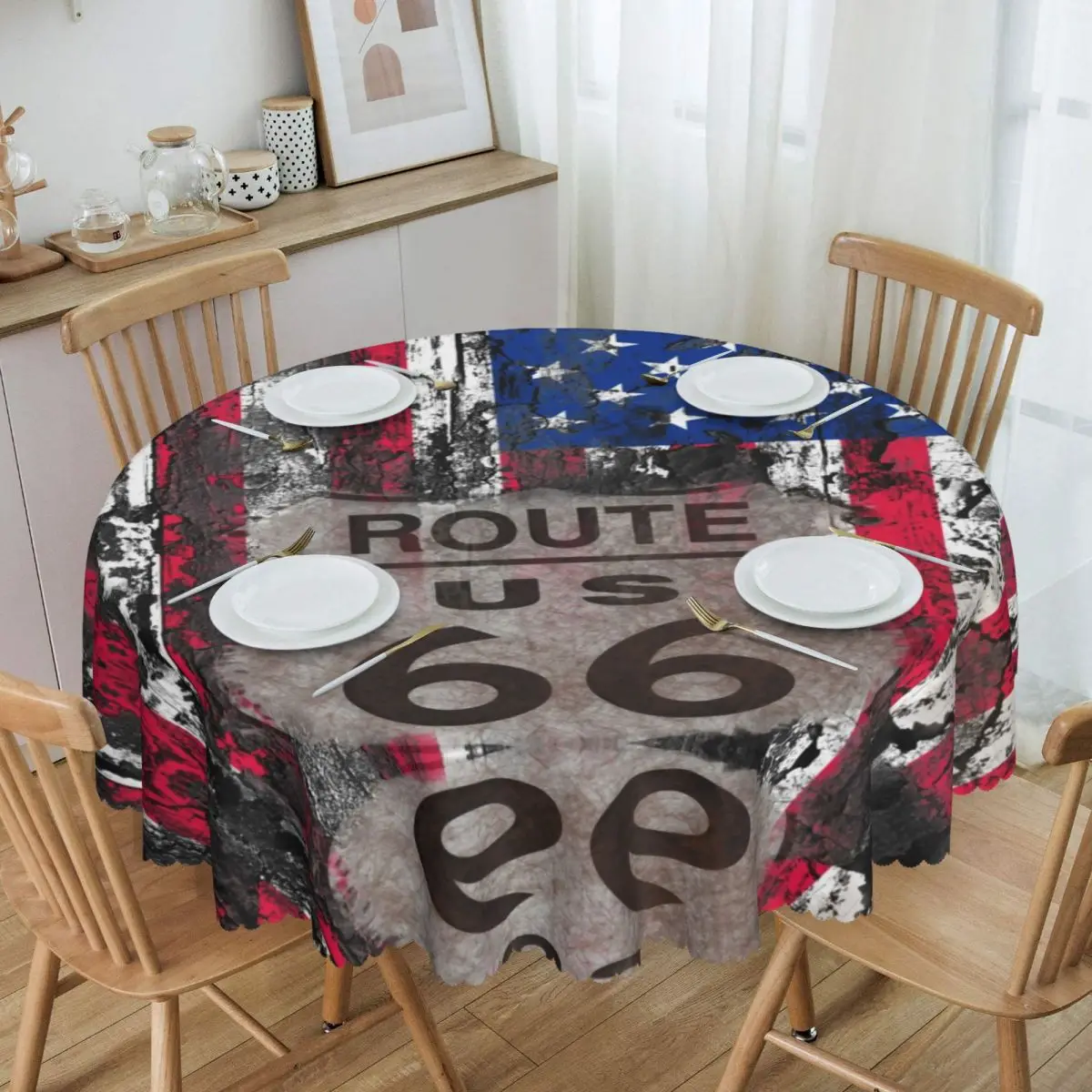 Vintage USA Flag Round Tablecloths 60 Inch US Route 66 Table Cover for Kitchen Table Cloth