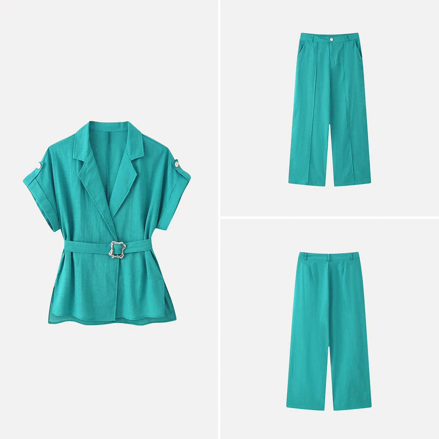 

Elegant Summer Suit Set Women's Shirt And Straight Leg Pants Waist-Cinching Tailored Lapel Two-Piece Fashion Ensemble