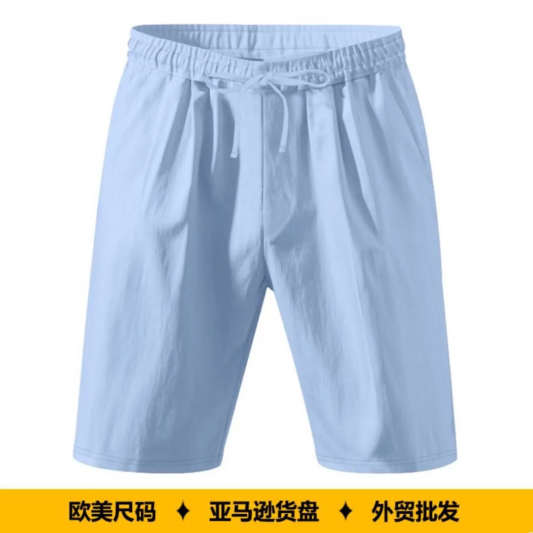 Pantalones Cortos de Lino para Hombre, Pantalones Cortos de Verano con Cordón en la Cintura, Pantalones Cortos de Algodón Azul Claro, Pantalones Cortos Bermuda con Cintura Elástica, Pantalones Cortos Casuales Beige