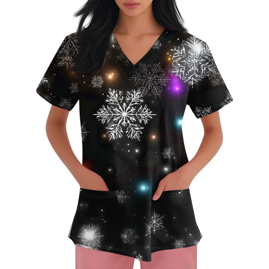 Leuke Kerstman Scrubs voor Vrouwen Tops V-hals Korte Mouw Plus Size Tops Kerst Print Verpleegster Werken Uniformen met Zakken Top